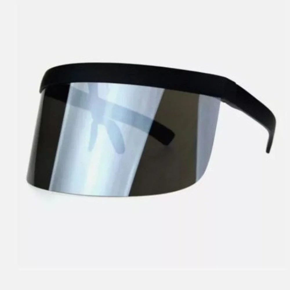 Shield Visor Sunglasses Futuristic Face Shield Black Frame Silver‎ Mirror Lens